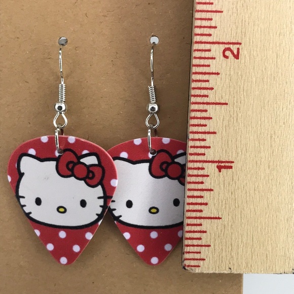 Hello Kitty Multicolor Earrings with Red Bow Custom Guitar Pick - Picture 2 of 2